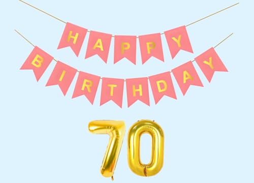 Image of 70th Happy Birthday Decoration Kit Light Pink for 70 year Old Men with Number Seventy Party Decorations Decor Celebration Items Item Set Combo Reusable Paper Banner