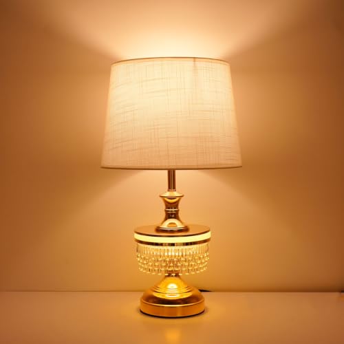 Image of ELARE Gold Table Lamp with Crystal Fringe & White Fabric Shade, 49cm | LED Bulb Included, Illuminated Glass Ring, Metal & Glass Base, Bedside & Office Use, Anti-Slip Base