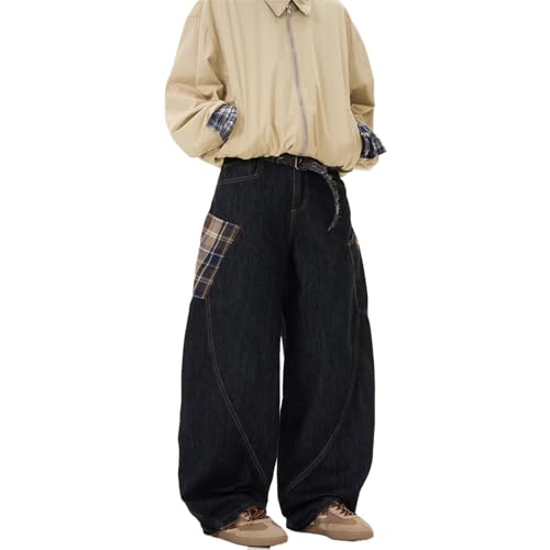 GUOYUXIAO Men's Jeans American-Style Checkered Curved-Leg Pants Loose-fit Retro Casual Trouser for Men