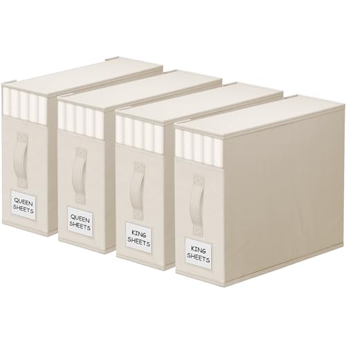 Image of StorageTastic 4 Pack Bed Sheet Closet Organizers and Storage,Sturdy Foldable Storage Containers with Window and Label,Storage and Organization for Bedding Sheets,Duvet Covers,Blankets (Beige)