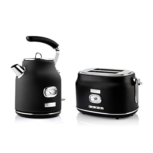 Westinghouse Retroline Frukostset svart, brödrost och vattenkokare, 1,7 liter, kalkfilter och överhettningsskydd, två slits brödrost med brödhållare och smulskål