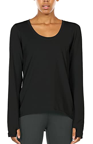 icyzone Damen Laufshirt Langarm Sport Shirt Atmungsaktive Langarmshirt Fitness Top Oberteil mit Daumenloch (XL, Schwarz) Cover