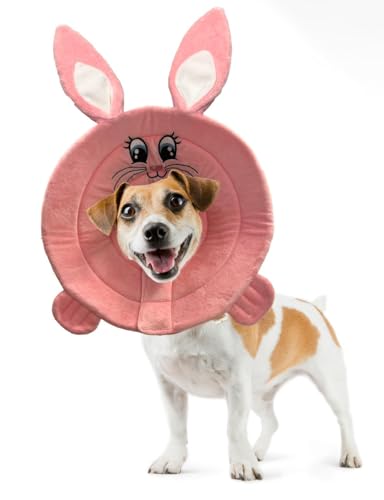 Image of Cute Soft Dog /Cat Cone Collar for Surgery Recovery; Comfy Soft E-Collar Cone for (Medium) Dogs and Cats After Surgery; 100% Cotton Dog /Cat Cone Stops Licking; Bunny Face Calming Collar for Dogs /Cats