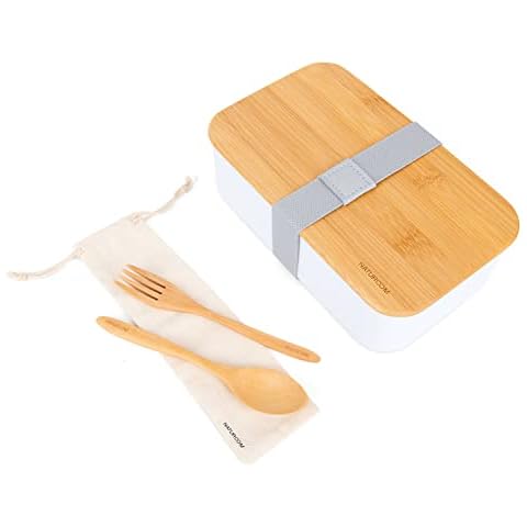Naturoom Bento Lunch Box For Adults/Kids, including 1 Food Containers with 1 Dividers, 1 Wooden Cutlery Set (1 Fork&1 Spoon) with 1 Cotton Pouch and 1 bamboo Chopping Board Lid, BPA Free (White) Cover