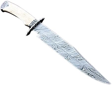 RG-12 Handmade Damascus Steel 15 Inches Bowie Knife - White Bone Handle with Damascus Steel gaurd/Pommel
