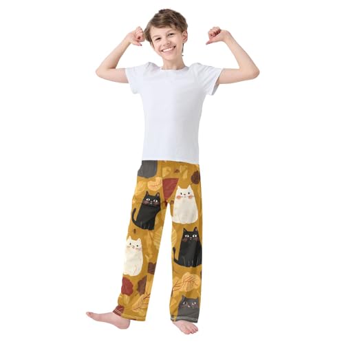 Cat Autumn Leaves Boys Long Pants Soft Trousers Elastic Waist Kids Lounge Bottoms with Pockets S-XL3