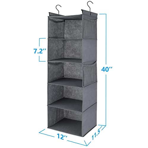 Max Houser 5 Shelf Hanging Closet Organizer, Space Saver, Cloth Hanging Shelves With 4 Side Pockets, Foldable, Grey #TOP2