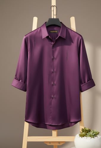 Image of IndoPrimo Men's Regular Fit Satin Designer Shirt with Stylish Vertical Line Sequence | Long Sleeve Formal & Casual Button Down Shirt for Casual and Party Look