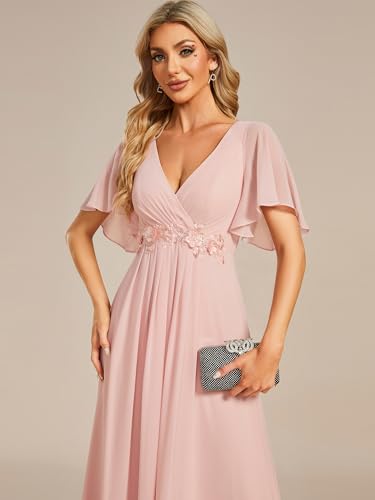 Image of Ever-Pretty Womens V Neck Applique Mother of the Bride Dresses Formal Dress | Chiffon, Short Sleeves, Ruched, A-Line, Bridesmaid Dresses, Formal Gown, Black Tie Dress
