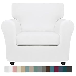 ZNSAYOTX Luxury Velvet Chair Slipcovers with Arms 2 Piece Stretch Chair Covers for Living Room Thick Soft Armchair Slipcover Anti Slip Dog Pet Friendly Furniture Protector (White),30″-47″(1 Cushion)