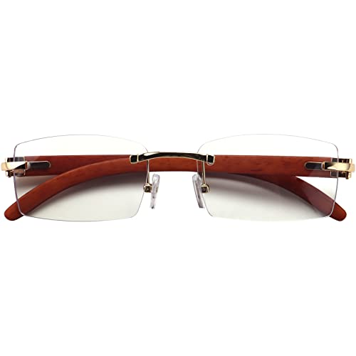 Dollger Rimless Rectangle Sunglasses For Men Women Hip-Hop Plastic Imitation Woodgrain Legs Small Square Sunglasses Colorful Fashion Frameless 70S 90S Shades (Imitation Wood-Gold Frames/Clear Lens) #TOP7