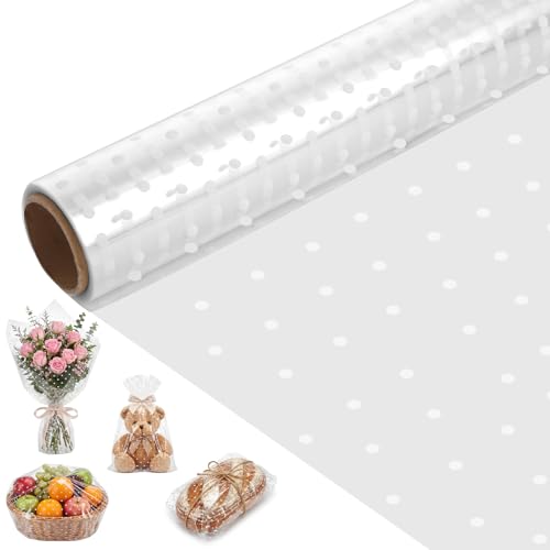 30mx40cm Cellophan Rolle, Geschenkfolie Transparent Geschenkpapier Durchsichtige Folie Cellophanfolie für Geschenkkorb Geschenk Valentinstag Ostern Hochzeit Blumenstrauß (Weißer Punkt)