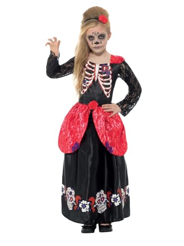 Smiffys Disfraz de chica deluxe del día de muertos, Negro, con vestido y diadema Halloween