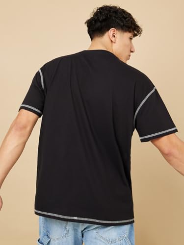 Image of Men's Oversized Crew Neck T-Shirt | Premium Cotton Blend | Contrast Stitch Detail | Half Sleeve Casual Solid Tee for Men