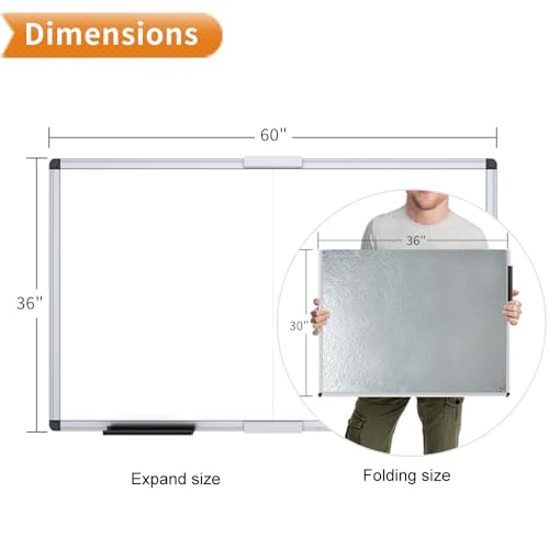 Image of VIZ-PRO Magnetic Dry Erase Board, 60 X 36 Inches, Foldable Wall-Mounted Whiteboard with Silver Aluminum Frame & Marker Tray for School Office and Home 5' X 3'