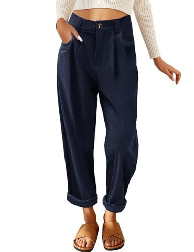 CMTOP Pantalones de Pana para Mujer Cintura Alta Elástico Anchos Comodos Pantalon Casuales Vintage con Bolsillos (Azul Oscuro, L)