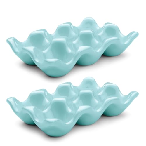 Flexzion Porcelain Egg Crate - 6-Egg Capacity Ceramic Egg Tray Half Dozen Egg Holder for Fridge Countertop Display - Blue Decorative Serving Dish and Storage Organizer 2 Pack