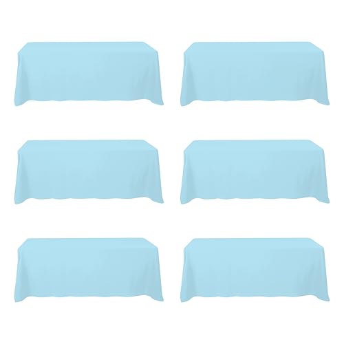 Image of BRILLMAX 6 Pack Light Blue Tablecloths 90 x 156 Inch for 8ft Rectangle Tables - 150 GSM Polyester Fabric, Floor Length Drop, Water, Stain & Wrinkle Resistant Cloth Cover for Wedding Reception Banquet