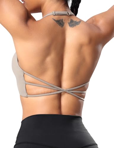 Image of YEOREO Women's Sports Bra Halter Workout Sports Bra Strappy Criss Cross Back Bra Removable Padded Yoga Crop Top