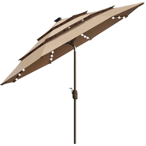EliteShade USA 10-Year-Non-Fading Solar 9ft 3 Tiers Market Umbrella with 80 LED Lights Patio Umbrellas Outdoor Table with Ventilation,Heather Beige