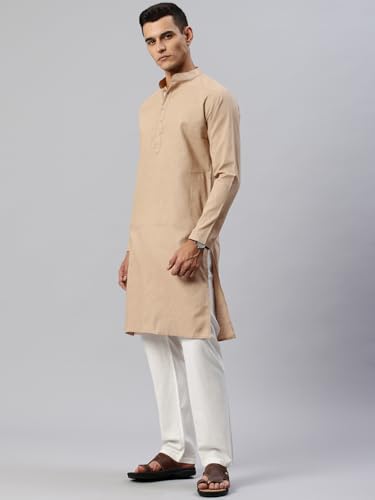 Image of Majestic Man Men's Cotton Regular Fit Casual Mandarin Collar Ethnic Motifs Solid Long Kurta