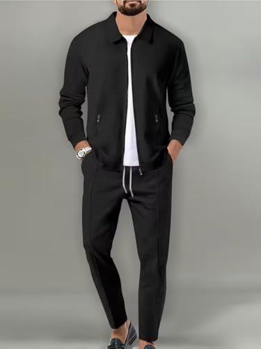 Image of Jawdrobe Men's Zipper-Check Co-Ord Set | Self-Textured Collar Top | Drawstring Jogger Pants | Cotton-Blend Loungewear Night-Suit | Mans Casual Travel Two-Piece