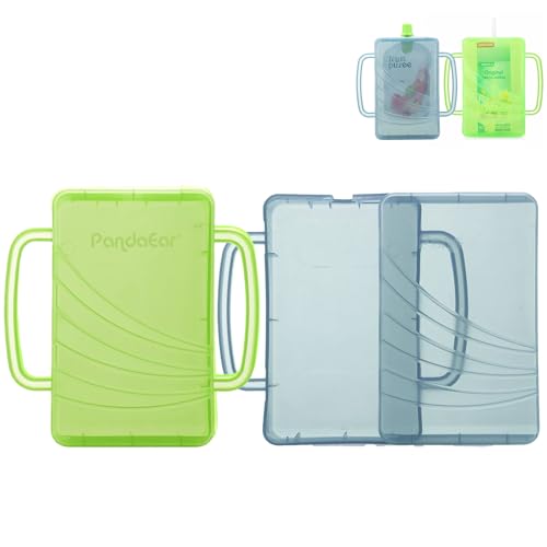 PandaEar 2 Pack Squeeze Proof Food Pouch Holder for Toddlers | Spill-Proof Baby Pouch & Juice Box Holder with Handles | Slide to Open Design (Green/Blue)