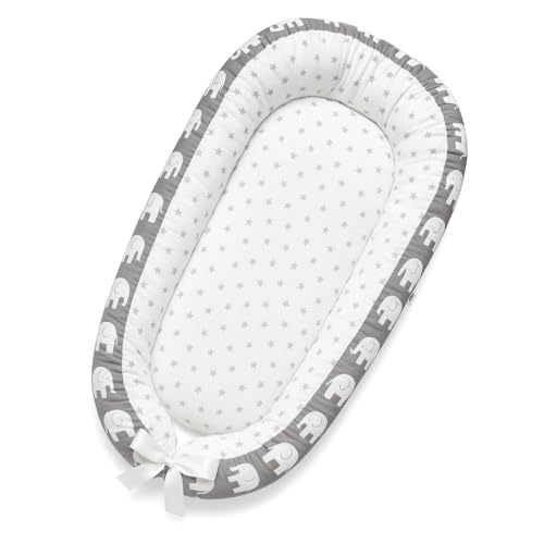 Image of Baby Lounger - Organic Cotton Soft Touch Comfort Infant Lounger - Portable Reversible Washable Infant Floor Seat – Adjustable Baby Nest - Baby Lounger for Newborn - Elephant Stars Print