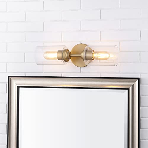 Image of JONATHAN Y 16 inch Brass Gold /Clear Farmhouse 2-Light Wall Sconce, Industrial Vanity Light for Bathroom Mirror, Entryway, Hallway, Clear Glass Cylinder Shades, LED Bulbs (JYL9548B)