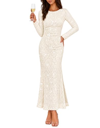 MEROKEETY Formal Fall Long Sleeve Sequin Maxi Dress Womens, Apricot, Small