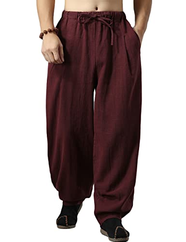 NFYM Men's Casual Cotton Linen Kung Fu Pants Elastic Waist Drawstring Loose Fit Spring Bloomers Trousers
