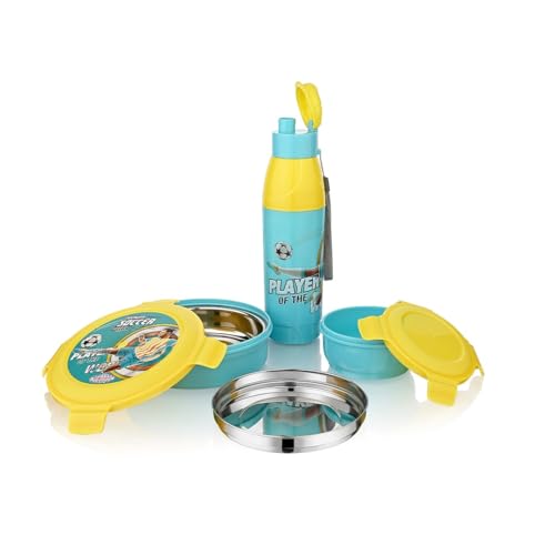 Image of Asian Plastowares Little Champions 3-in-1 Insulated Lunch Box Set for Kids | 700ml Steel Tiffin, 500ml Water Bottle | Leakproof, BPA Free | Yellow & Blue | Must-Have Back to School Set