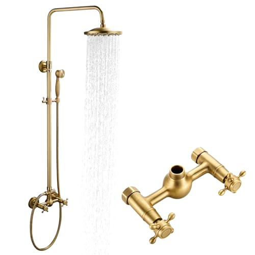 Image of ROVOGO Retro Antique Brass 2-Function Shower Mixer Tap Set, 8" Adjustable Rainfall Head & Handheld, All Brass Traditional Wall Mounted Shower Faucet System with Twin Handles & Riser Rail