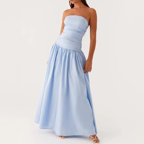 Image of Women Tube Top Maxi Dress 2025 Elegant Sleeveless Strapless Ruched Flowy Summer Long Wedding Party Cocktail Dresses
