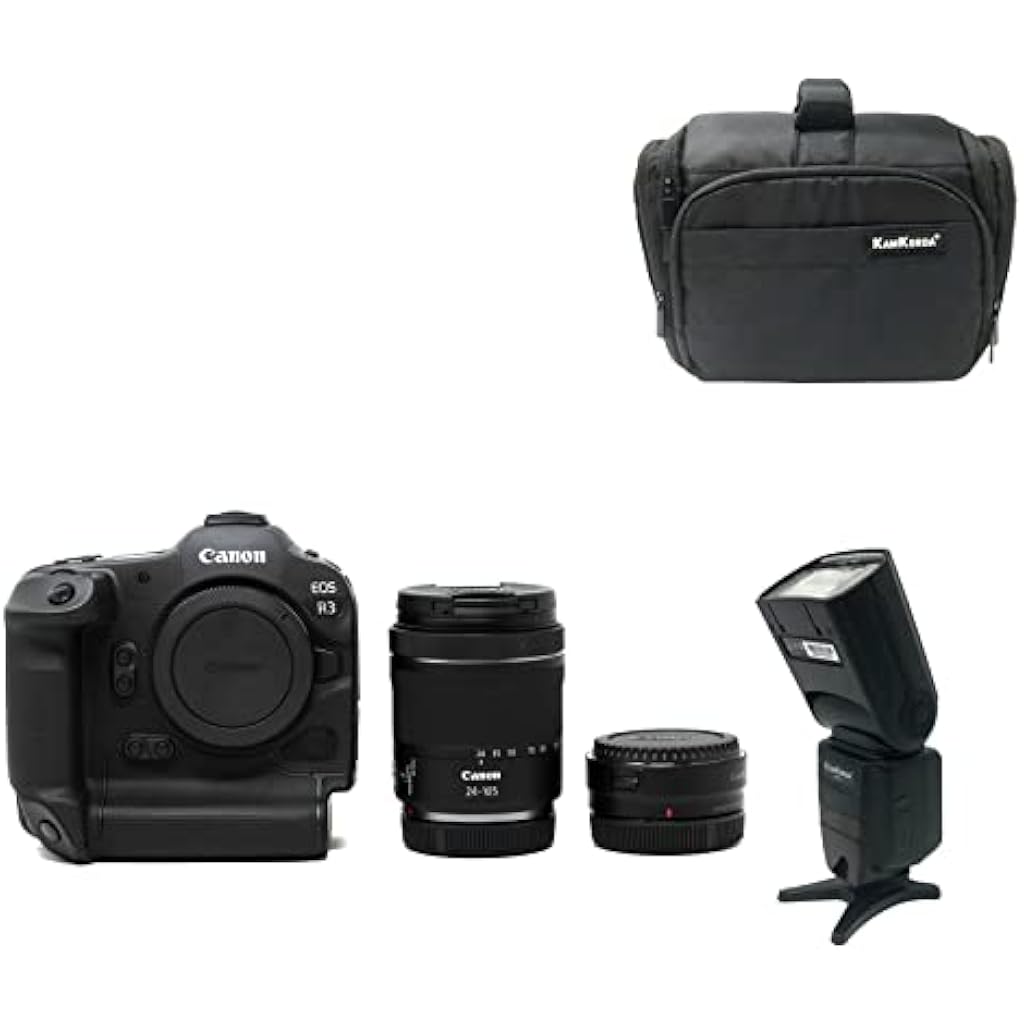 Camera Bag + Flash + R3 Mirrorless Digital Camera + Adapter + RF 24-105mm f/4-7.1 24MP Full Frame CMOS Sensor, DIGIC X Image Processor, 0 Bit Internal Video Vertical Grip