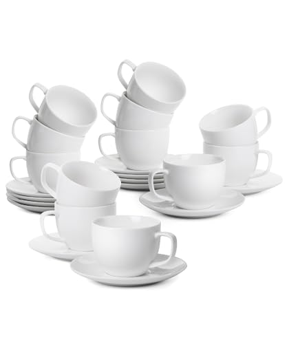 BTaT Porcelain Tea Cups and Saucers, 8oz, Set of 12, White