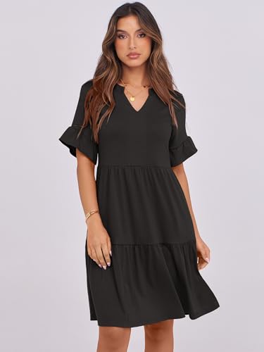 Image of ANRABESS Women's Summer Casual Dress, V-Neck Ruffle Sleeve Tiered Mini Dress, Soft Comfy Fabric with Pockets for All-Day Wear