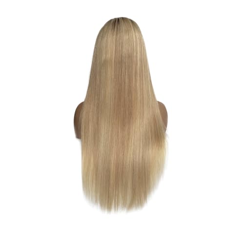 Image of Ombre Golden Blonde Highlights Lace Front Wig Human Hair for White Women 28 Inch Pre Plucked 13x6 HD Transparent Lace Frontal Human Hair Wig with Brown Roots Straight 180% Density Glueless Wigs