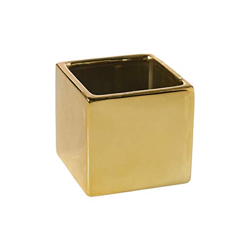 Wgv Ceramic Cube Vase Width 5.5" Height 5" (Fits 5" Pot) Elegant Modern Block Square Floral Planter Terrarium Container Table Dresser For Event Accent Home Office Decor Gold 1 Piece #TOP2