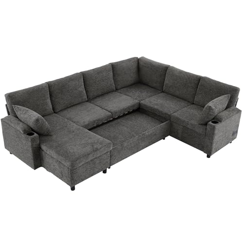 Image of ERYE 110-Inch U-Shaped Left Facing Sleeper Sectional Sofa Chenille Upholstered Corner Convertible Pull Out Sleeper Sofabed with Cupholders,Armrests Storage and USB Ports