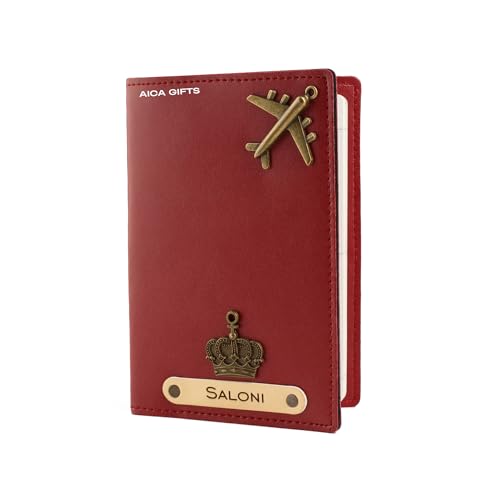 Image of AICA Personalised Name & Charm Leather Passport Cover Holder for Men & Women (Wine Color Passport Full Size) | Gifts for Women | Gift for Man | Return Gifts for Birthday | Passport Cover for Men(Wine)