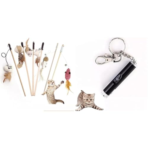 Image of PETS EMPIRE Cat Stick Cat Interactive Stick with Bells Feather Wand Paw Style Dog Cat Catch The Interactive LED Light Pointer