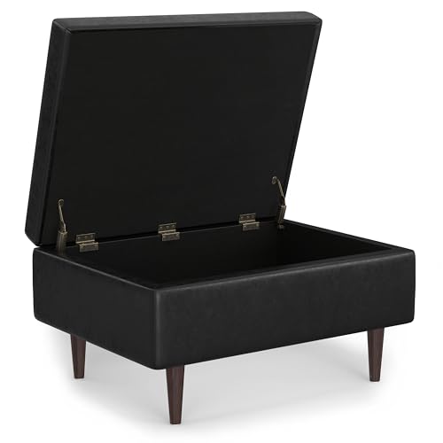 SIMPLIHOME Shay 34 inch Wide Mid Century Modern Small Rectangle Coffee Table Storage Ottoman in Distressed Black Vegan Faux Leather, Assembled, for The Living Room, Entryway and Family Room