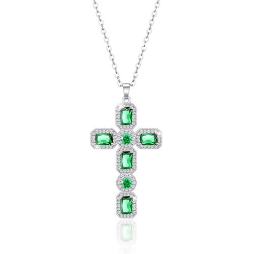 Linawe Collar en forma de cruz, cadena cruzada, cadena de plata, collar para mujer, diamante verde esmeralda, piedra de nacimiento, collar de cristal