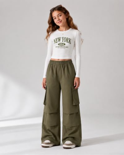 Image of Azmxynol Girls Clothes 2 Piece Outfit Ribbed T-Shirt Top + Cargo Pants, Girls Fall Clothing Set, Sizes 5-16 Years