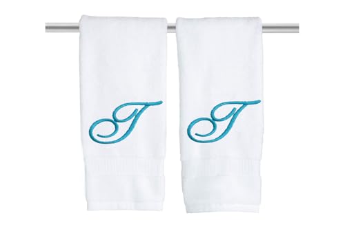 Decorvo White Monogrammed Hand Towels for Bathroom - Luxury Hotel Quality Personalized Initial Embroidered Towel for Powder Room, Spa - GOTS Organic Certified - Set of 2 Teal Letter T