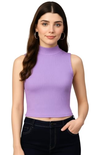 Image of ADBUCKS Women's Sleeveless Ribbed Cotton Mock Neck Top | Mock Neck Fitted Crop Top | Casual & Stylish - Sizes XS to XL