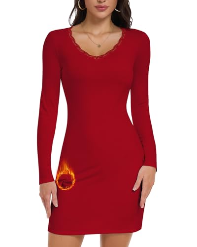 WOWENY Damen Kleider Thermo Mit Spitze Elegant Bodycon Kleid Langarm V-Ausschinitt Winter Basic Minikleid Party Cocktail Club,Rot,S
