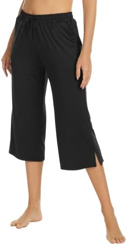 segarra studio Capri Yoga Pants with Pockets for Women Lounge Pajama Drawstring Wide Leg Sweatpants Loose Workout Capri Pants for Women(Black, L)