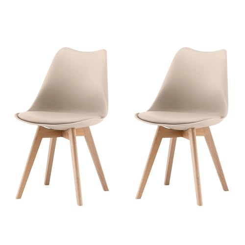 Garvis Esszimmerstühle 2er Set mit Massivholz Beinen Sitzpolster aus Kunstleder Gepolsterter Stuhl Küchenstuhl Holz für Schlafzimmer, Wohnzimmer (Creme)